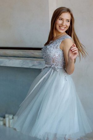 Plissiertes Juwel Ausschnitt A Linie Tüll Abiballkleid mit Applike mit gekappten Ärmeln - Bild 4