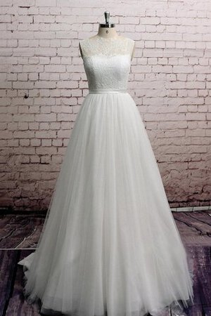 A-Line hoher Kragen Ärmelloses bodenlanges Brautkleid aus Tüll mit Gürtel - Bild 3