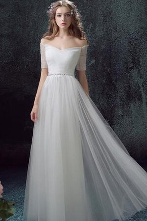 Abito da Sposa con Mezze Maniche A-Line Lungo in Tulle in pizzo con Increspato - Foto 1