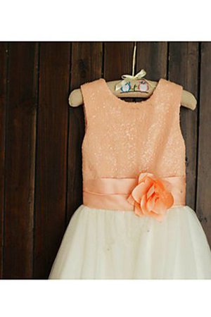 Robe de cortège enfant en tulle en tissu pailleté manche nulle avec fleurs a-ligne - Photo 2