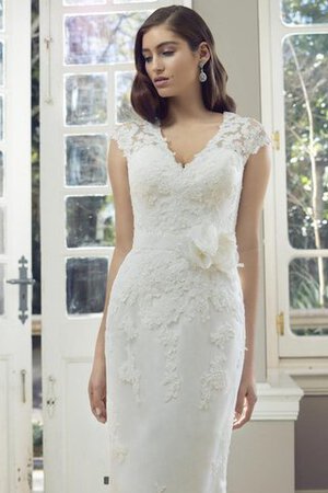 Abito da Sposa con Applique V-Scollo Tubino con Manica Corte in pizzo Cappellino - Foto 3