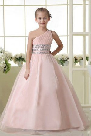 One Schulter Perlenbesetztes Ärmellos Blumenmädchenkleid mit Blume mit Empire Taille - Bild 1