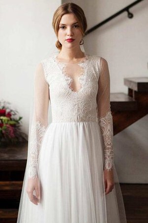 Schaufel-Ausschnitt Sweep train lange Ärmeln Spitze Brautkleid mit Bordüre aus Tüll - Bild 3