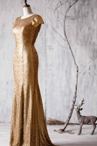Robe demoiselle d'honneur long naturel en tissu pailleté avec manche courte de col bateau - Photo 2