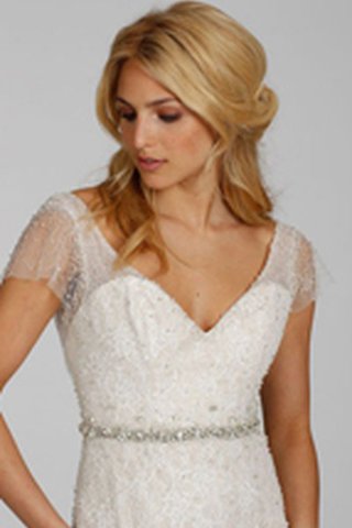 Sencillo Vestido de Novia de Corte-A de Baja escote en V de Natural de Encaje Adorno - Foto 2