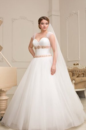 Abito da Sposa in Organza A Terra Allacciato Cuore con Manica Corte con Perline - Foto 2