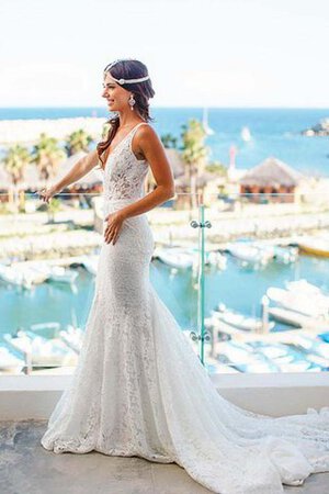 Plissiertes V-Ausschnitt Meerjungfrau Spitze Brautkleid mit Applike mit Bordüre - Bild 7