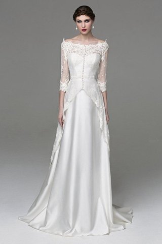 Abito da Sposa Barchetta tradizionale Senza Maniche A-Line con Applique in Raso - Foto 2