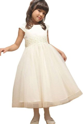 Satin A-Line kurze Ärmeln wadenlanges Blumenmädchenkleid mit Schleife mit gekappten Ärmeln - Bild 2