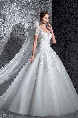 Robe de mariée longue de col en v de mode de bal decoration en fleur en tulle - Photo 1