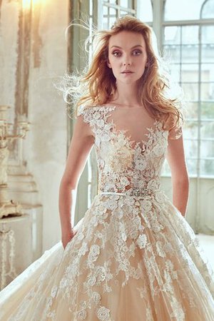 Abito da Sposa con Piega con Fiore Ball Gown V-Scollo Coda A Strascico Cattedrale A-Line - Foto 3