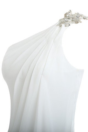 Robe de mariée naturel d'épaule asymétrique en chiffon en arc-en-ciel soie manuelle - Photo 4
