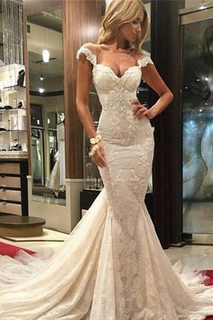 V-Ausschnitt Meerjungfrau Stil Sweep Zug Natürliche Taile Brautkleid mit Bordüre - Bild 1