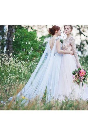 Abito da Damigella Coda a strascico watteau Barchetta A-Line in Tulle con Perline Cappellino - Foto 5