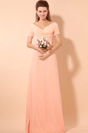 Abito da Sera A Terra con Increspato in Chiffon con Manica Corte V-Scollo - Foto 4
