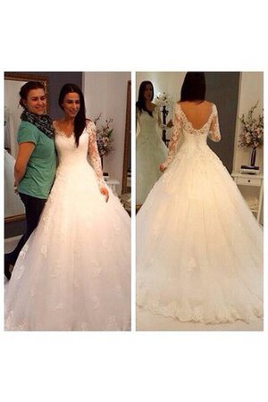 Lange Ärmeln Tüll a linie Ärmellos tiefer V-Ausschnitt Brautkleid mit Bordüre - Bild 1