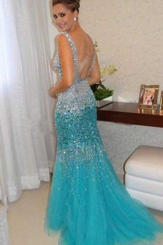 Perlenbesetztes normale Taille Ärmelloses Meerjungfrau Tüll sexy Abendkleid - Bild 2
