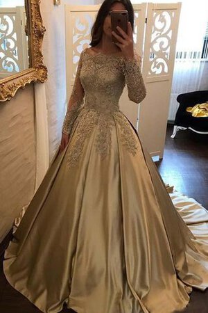 Satin Reißverschluss plissiertes Spitze extravagantes Ballkleid mit langen Ärmeln - Bild 1