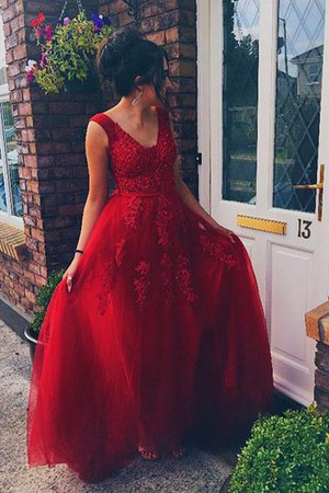 Robe de bal captivant en tulle a-ligne decoration en fleur avec sans manches - Photo 2