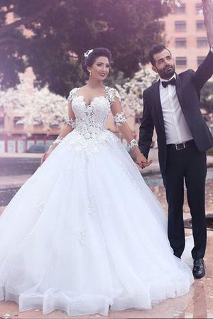 Robe de mariée naturel classique de col en cœur en tulle avec manche longue - Photo 1