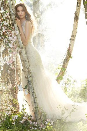 Robe de mariée de sirène en satin de traîne moyenne en tulle avec cristal - Photo 2