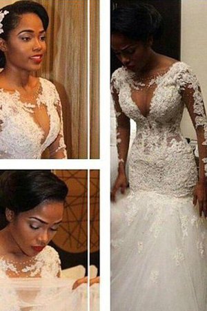 Robe de mariée naturel distinguee en tulle de sirène avec manche longue - Photo 2