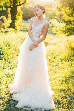Robe de mariée romantique col en v foncé avec décoration dentelle a-ligne encolure ronde - Photo 2