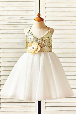 Robe de cortège enfant naturel a-ligne de princesse avec fleurs longueur mollet - Photo 1