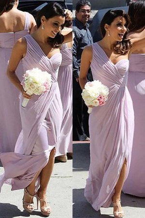 Robe demoiselle d'honneur naturel avec chiffon ruché a-ligne manche nulle - Photo 1
