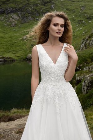 Vestido de Novia en Encaje de Sin mangas de Apliques de Plisado de Hasta el suelo - Foto 3