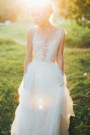 Robe de mariée romantique col en v foncé avec décoration dentelle a-ligne encolure ronde - Photo 3