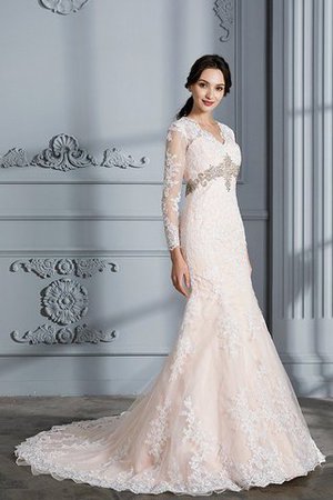 Sweep train Perlenbesetztes Organza Normale Taille Brautkleid mit V-Ausschnitt - Bild 4