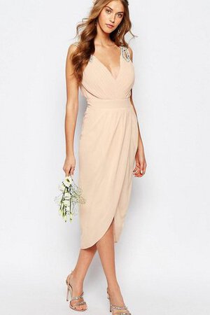 Robe demoiselle d'honneur fermeutre eclair de col en v longueur mollet haut bas avec perle - Photo 1