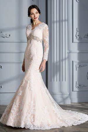 Sweep train Perlenbesetztes Organza Normale Taille Brautkleid mit V-Ausschnitt - Bild 1