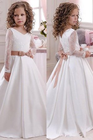 Abito da Cerimonia Bambini in Pizzo in Raso con Maniche Lunghe A Terra Ball Gown - Foto 2