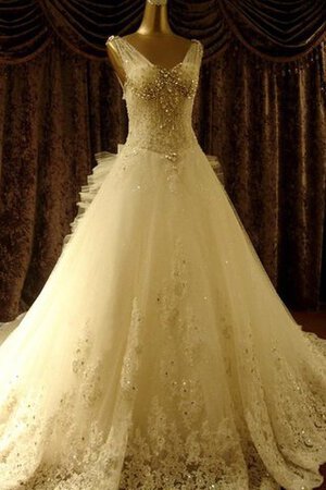 Abito da Sposa Allacciato con Fiocco moda Coda A Strascico Corto Senza Maniche in pizzo - Foto 1