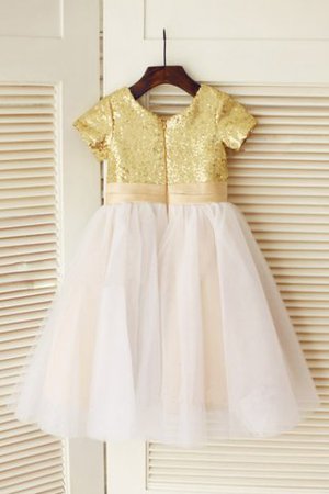 A-Line Paillette Kurze Ärmeln Tüll Blumenmädchenkleid mit Schaufel Ausschnitt - Bild 2