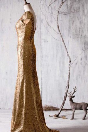 Robe demoiselle d'honneur long naturel en tissu pailleté avec manche courte de col bateau - Photo 3