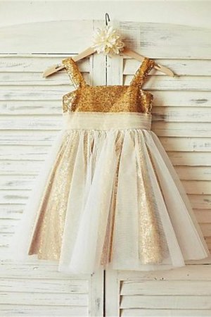 Robe de cortège enfant jusqu'au sol en tissu pailleté avec zip avec fleurs a-ligne - Photo 3