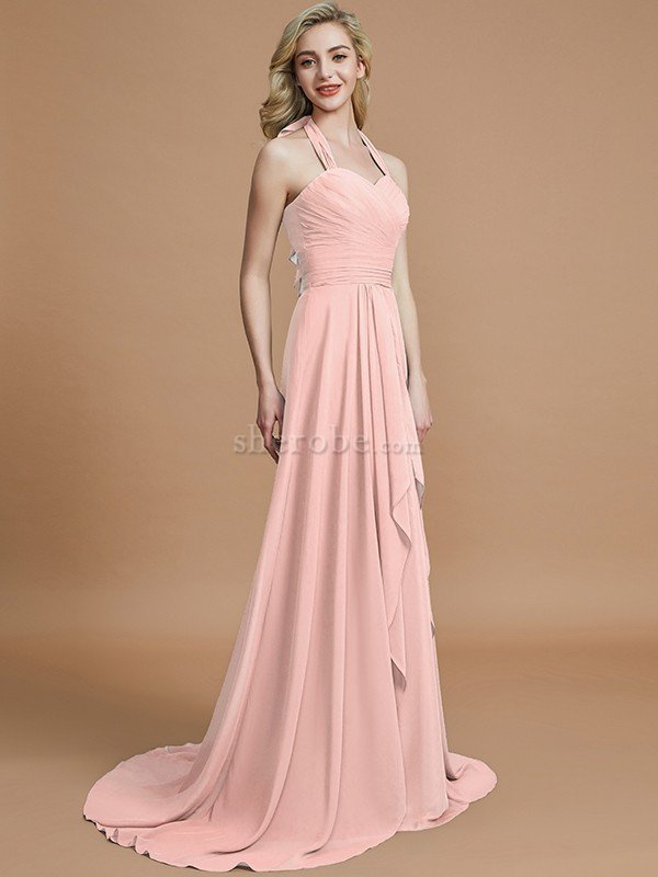 A-Linie Chiffon Ärmelloses Sweep Zug Nackenband Brautjungfernkleid - Bild 26