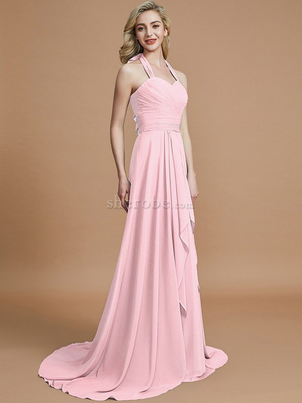 A-Linie Chiffon Ärmelloses Sweep Zug Nackenband Brautjungfernkleid - Bild 27