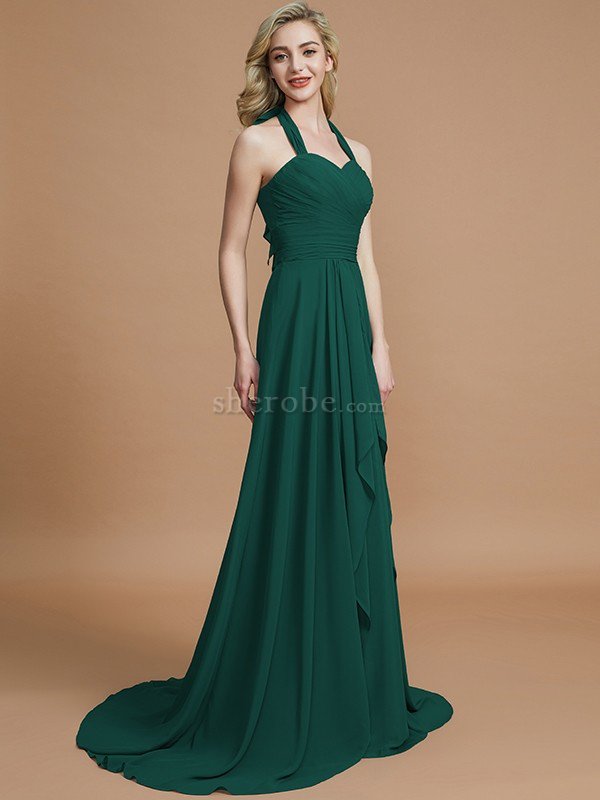 A-Linie Chiffon Ärmelloses Sweep Zug Nackenband Brautjungfernkleid - Bild 14