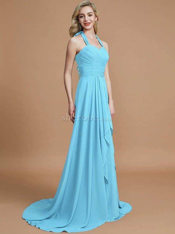 A-Linie Chiffon Ärmelloses Sweep Zug Nackenband Brautjungfernkleid - Bild 8
