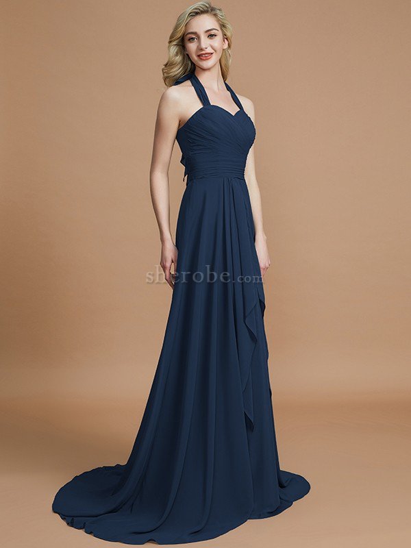 A-Linie Chiffon Ärmelloses Sweep Zug Nackenband Brautjungfernkleid - Bild 15