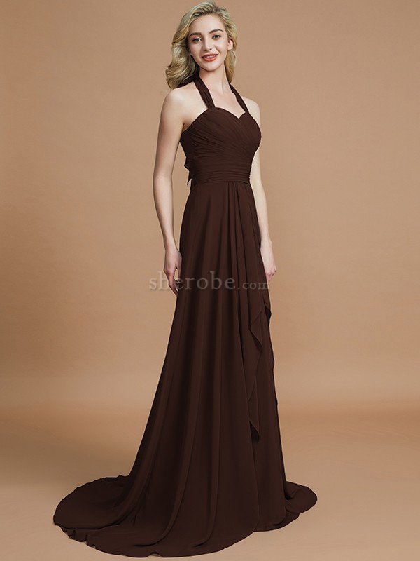 A-Linie Chiffon Ärmelloses Sweep Zug Nackenband Brautjungfernkleid - Bild 12