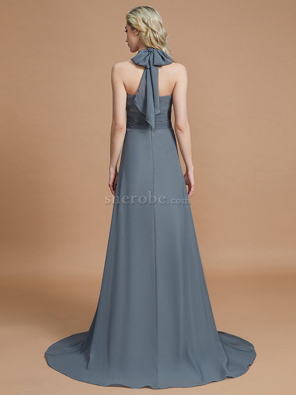 A-Linie Chiffon Ärmelloses Sweep Zug Nackenband Brautjungfernkleid - Bild 35