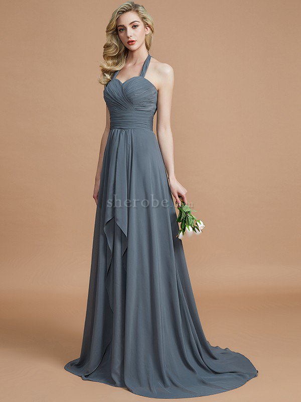 A-Linie Chiffon Ärmelloses Sweep Zug Nackenband Brautjungfernkleid - Bild 3