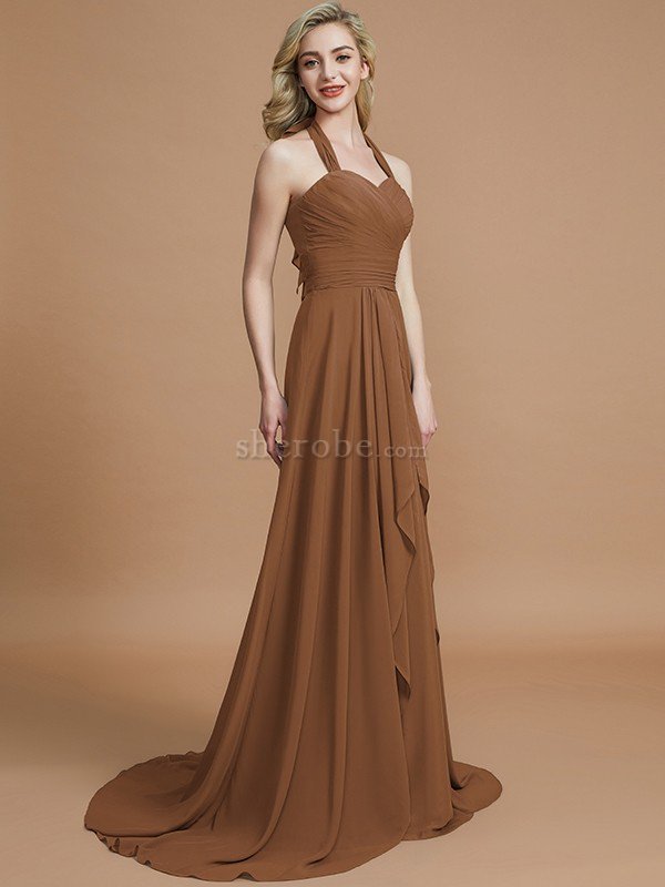 A-Linie Chiffon Ärmelloses Sweep Zug Nackenband Brautjungfernkleid - Bild 9