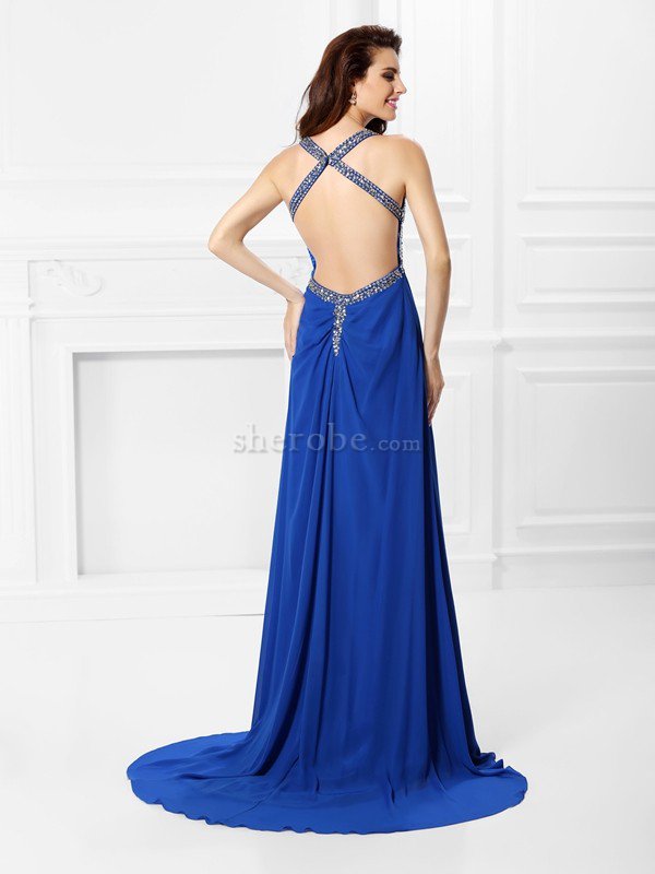 Chiffon V-Ausschnitt Glamouröses Anständiges Ballkleid mit Perlen - Bild 2