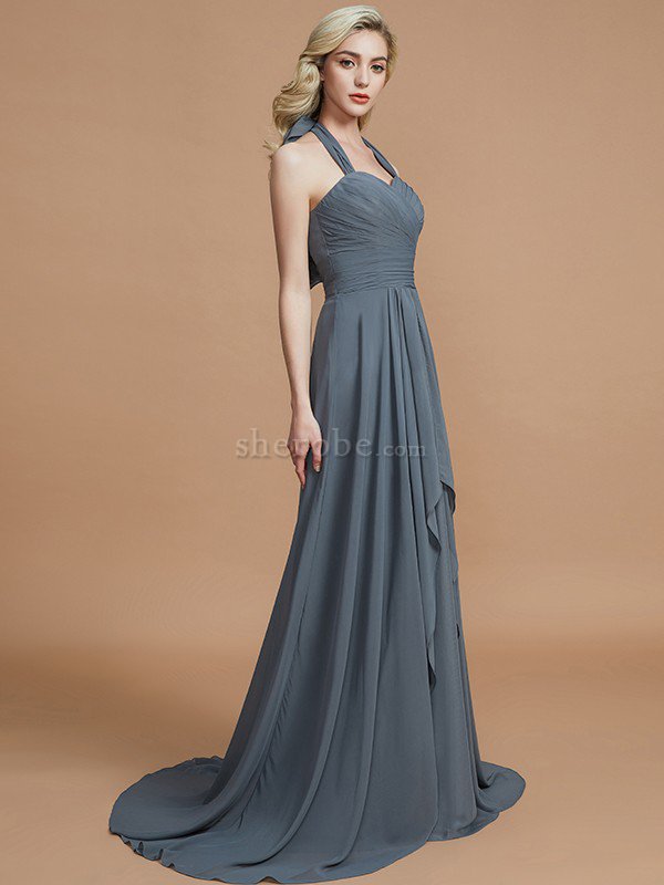 A-Linie Chiffon Ärmelloses Sweep Zug Nackenband Brautjungfernkleid - Bild 5